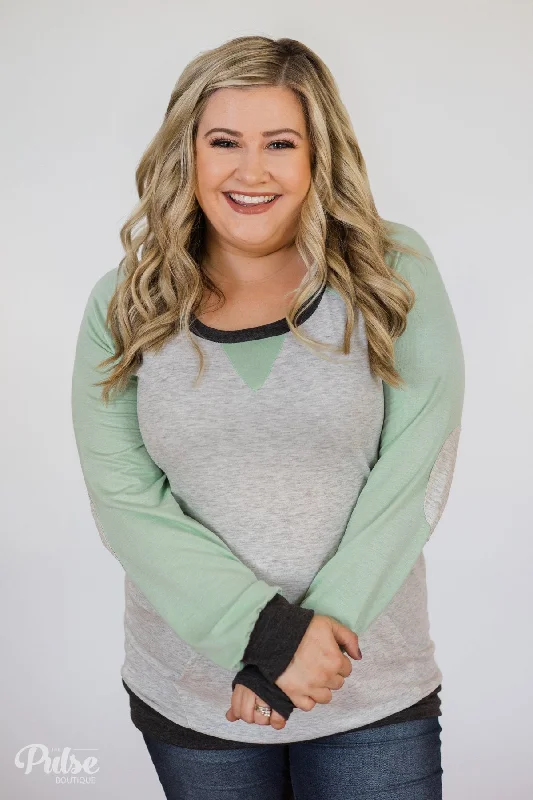Chic Styles, Sharp Prices Elbow Patch Color Block Pullover Top- Mint, Charcoal, Grey