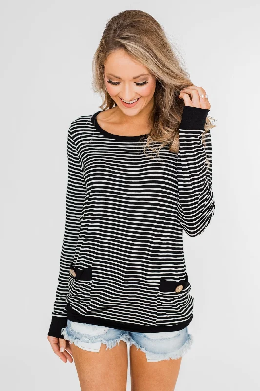 Flash Sales So Much In Common Striped Pocket Top- Black