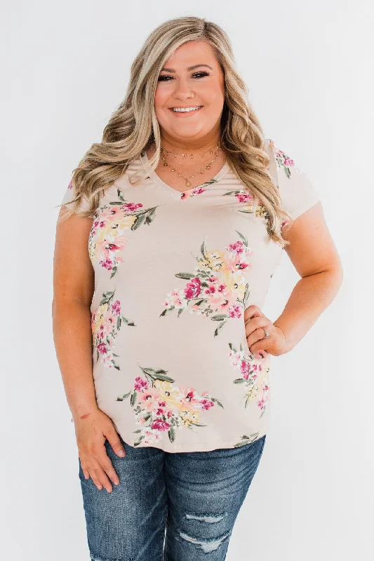 Style Revolution Falling For Floral V-Neck Top- Light Peach