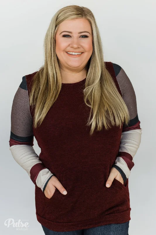 Feminine Style Promotions The Right Placement Color Block Sleeve Top- Maroon
