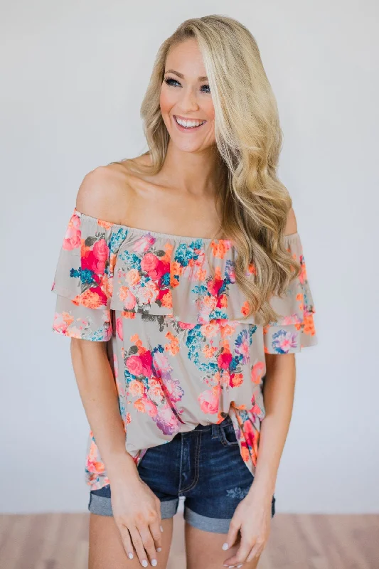 Limited Time Flash Sale Off the Shoulder Coral Floral Summer Top