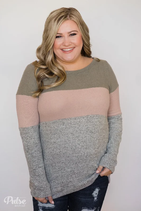 Bid Farewell To The Old Season Lookin' Cute In A Color Block Top- Light Olive, Mauve, Grey