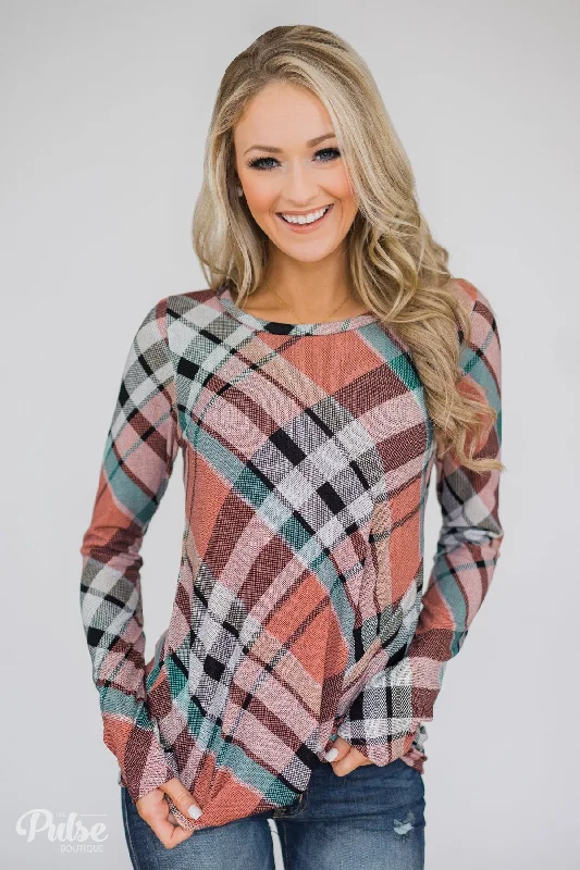 Trendy Street Style Plaid Twist Top- Peachy Orange