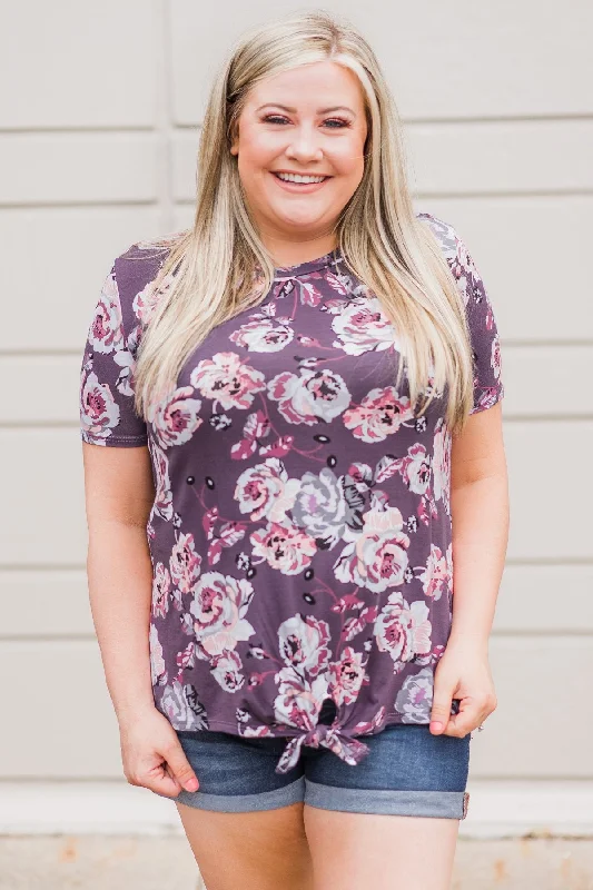 Flash Weekend Discounts – Shop Now Tied Up in Roses Top- Deep Purple