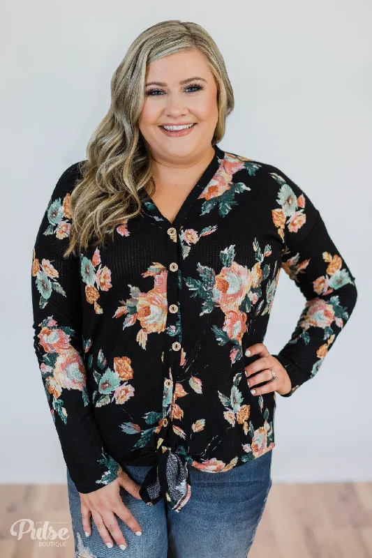 Sophisticated Street Style Offers My Wish to You Floral Thermal Top- Black