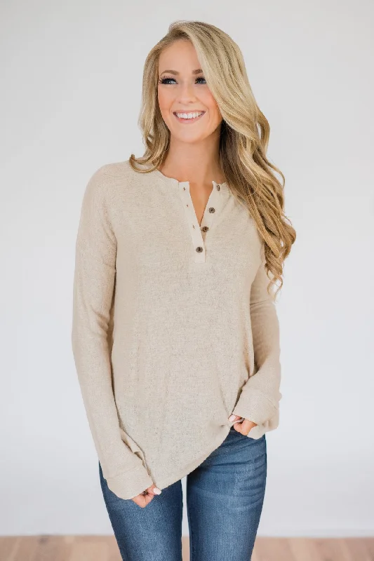 Massive Selection Sale Soft & Cozy 4-Button Henley Top- Taupe