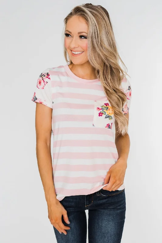 Lowest Prices This Weekend – Don't Miss Out *2nds* Floral & Striped Pocket Top- Blush