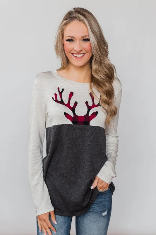 Exclusive Deals You Can't Resist Call In The Reindeer Top- Oatmeal & Charcoal