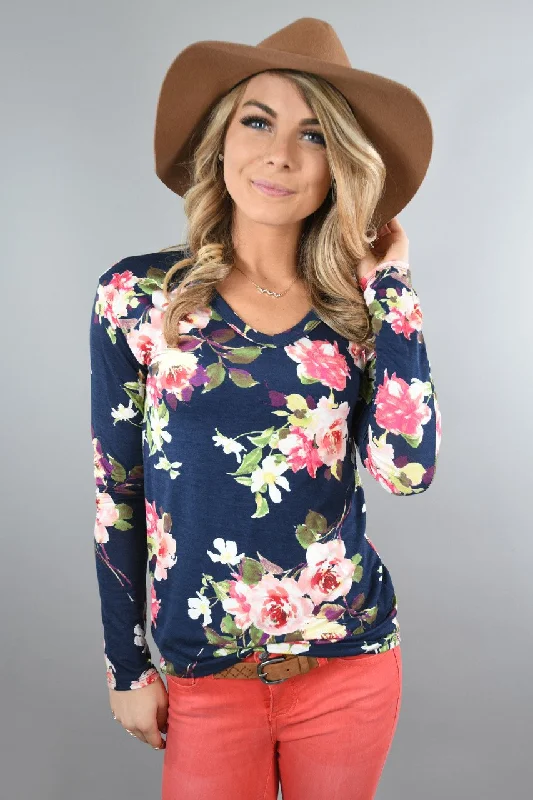 The Latest Trends Here Comes the Fun Floral Top ~ Navy