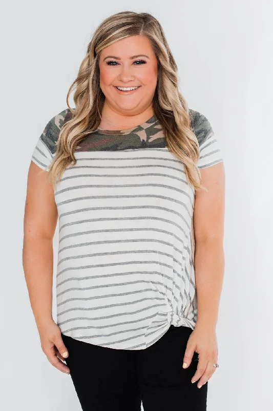 Everyday Elegance Sale Short Sleeve Camo & Striped Knot Top- Ivory