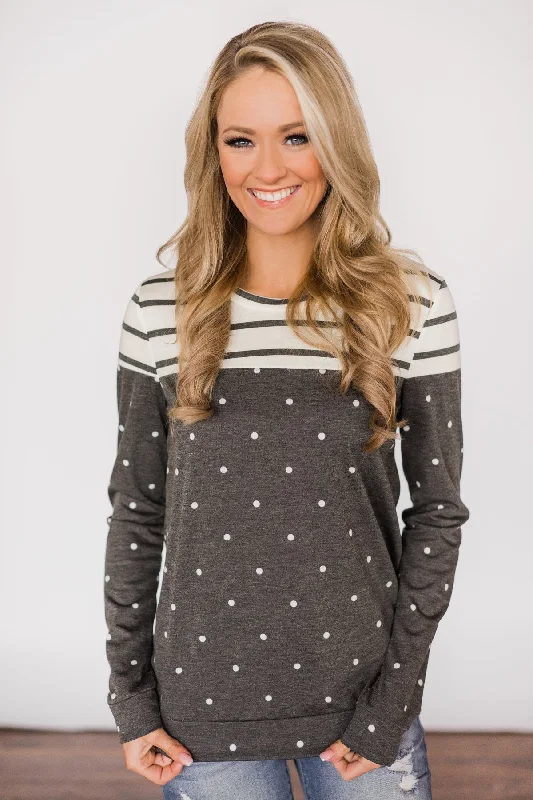 Chic And Trendy Welcome to the Party~Charcoal Polka Dot & Stripes Top