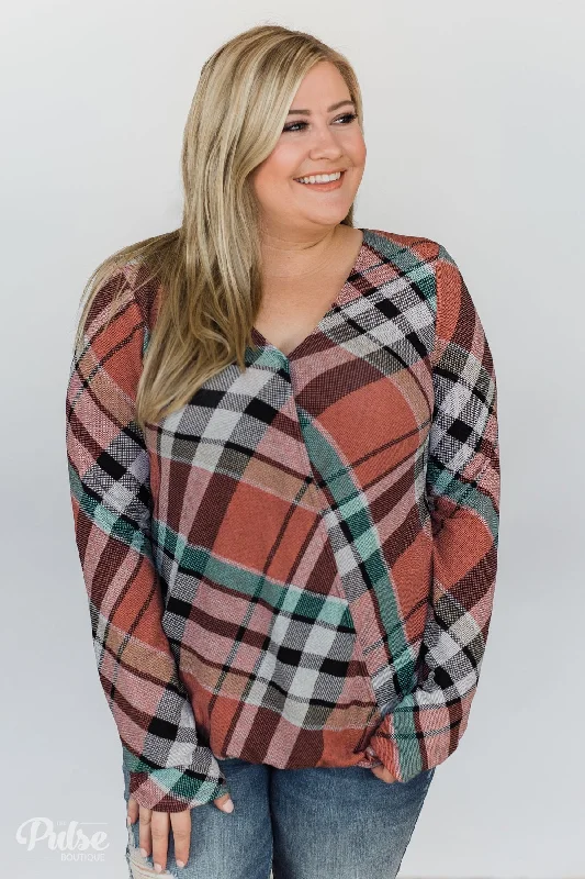 Refined Fashion Sale Wrap of Fall Plaid Top- Peachy Orange