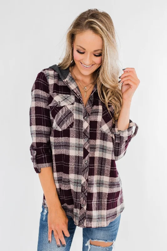 Limited-Time Weekend Offers So Long To You Plaid Hooded Top- Cranberry