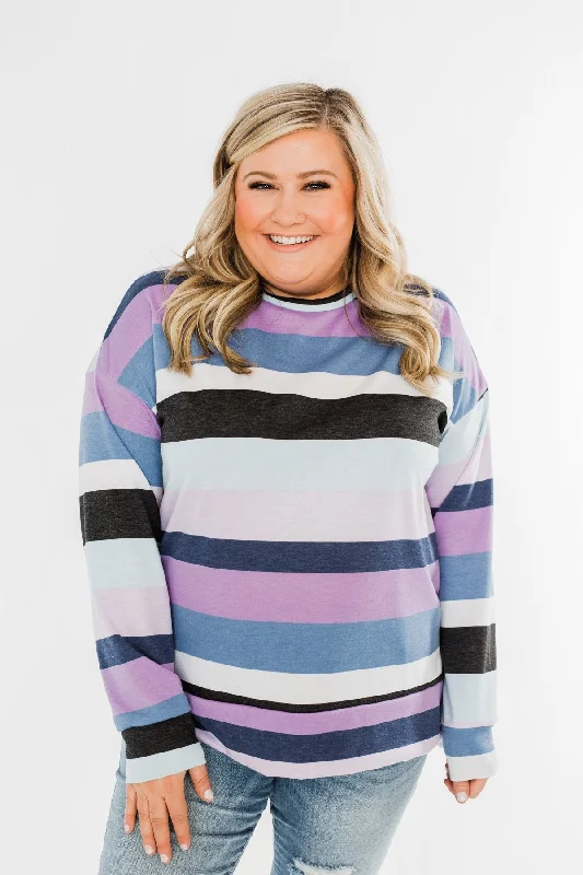 Premium Pieces At Prices You'Ll Love Frosted Mornings Striped Pullover Top- Blue & Purple