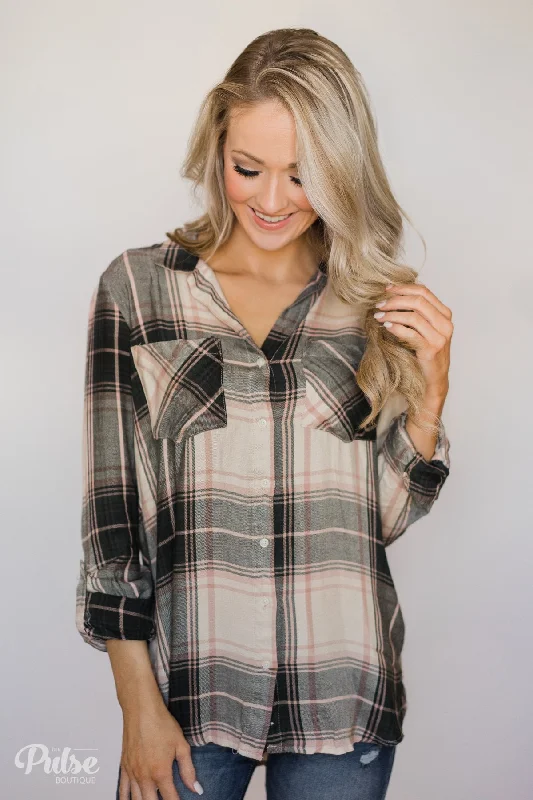 Fashion-Forward Thread & Supply Button Up Plaid Top- Tan, Blush, Dark Olive
