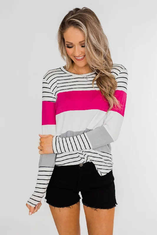 Timeless Style Promotions Take It Easy Striped Color Block Top- Fuchsia & Silver