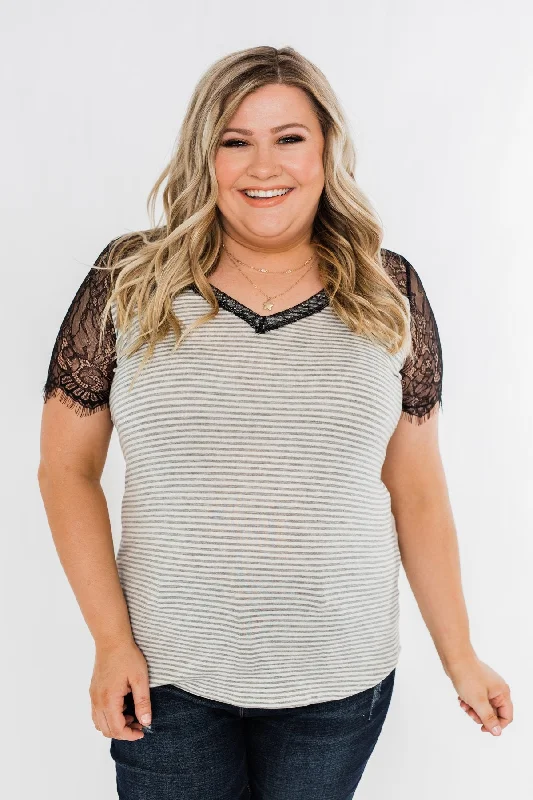 Fall Sale, Prices Drop No Reason To Wait Striped Lace Top- Heather Grey