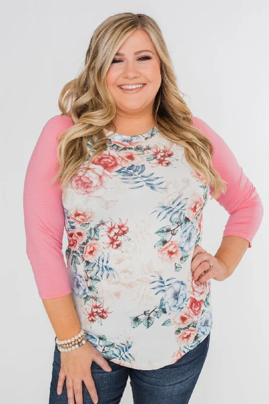 Holiday Glam Floral Blessings 3/4 Sleeve Top- Ivory & Pink