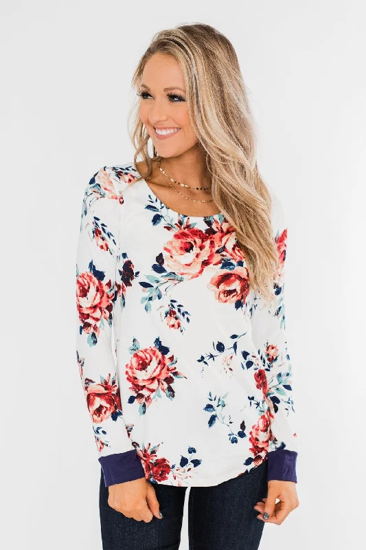 Flash Sale Fever Field Of Flowers Criss Cross Top- Ivory & Navy