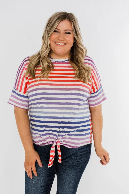 Mega Sales Multi Color Stripe Tie Front Top- Red, Blue, Purple