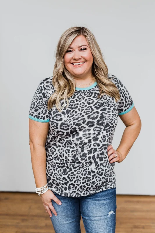 Flash Sale, Don't Miss Take My Breath Away Leopard Top- Grey & Mint Blue