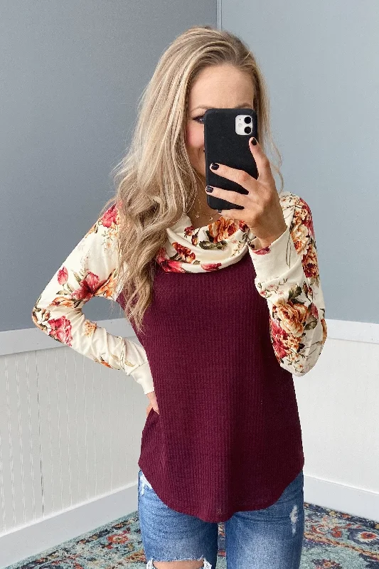 Fashion Deals Too Good To Pass Up Waffle Knit Floral Cowl Neck Top- Burgundy