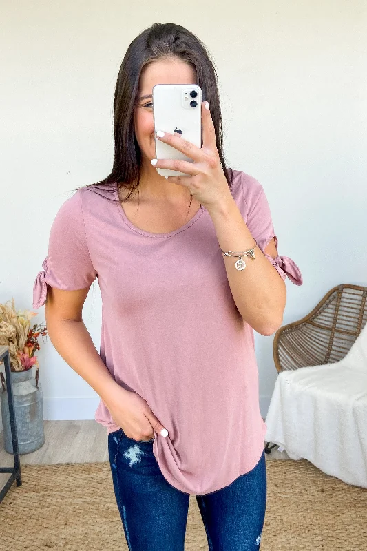 Hot Sale Solid Tie Sleeve Top- Mauve