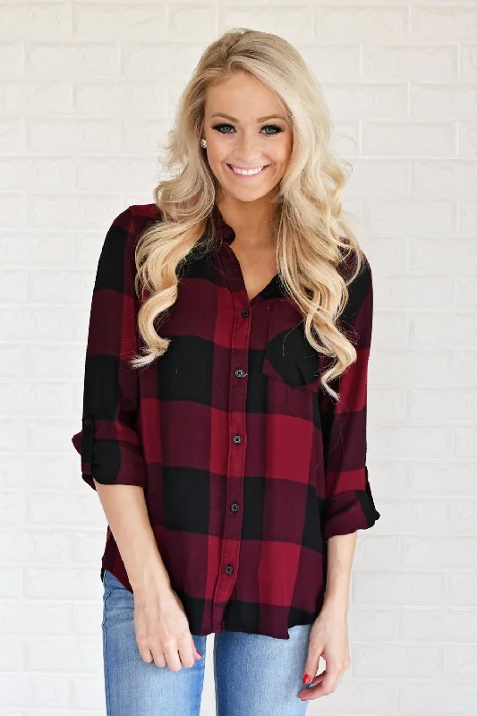 Sophisticated Fashion Burgundy & Black Plaid Button Up Top