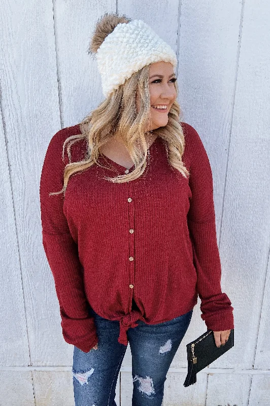 Exclusive Fashion Deals Thermal Button Knot Top- Red