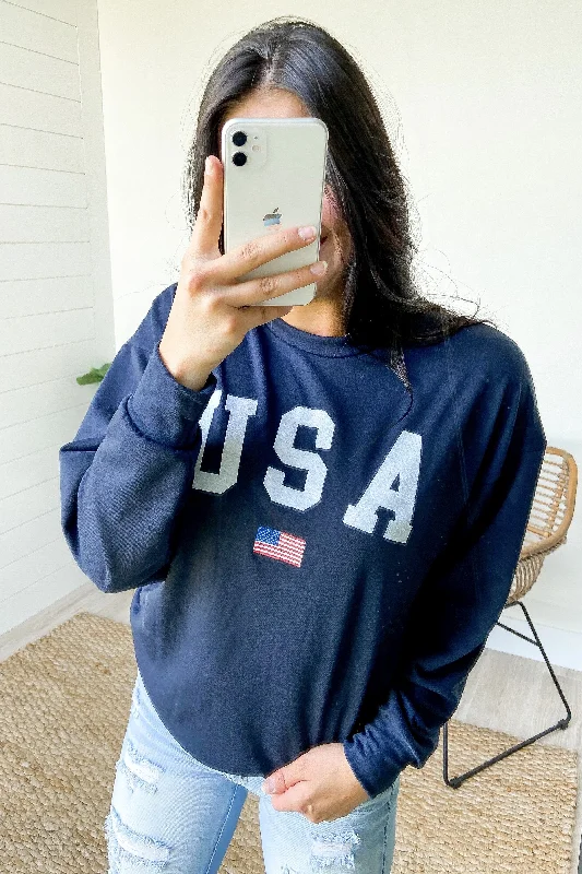 Trendy Pulse USA Long Sleeve Pullover Top- Navy