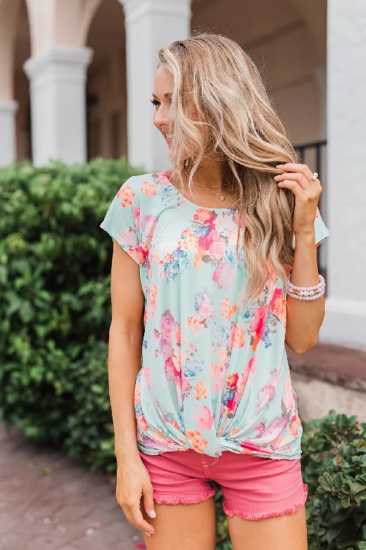 Trendy Looks On Sale Coral Floral Knot Top- Mint