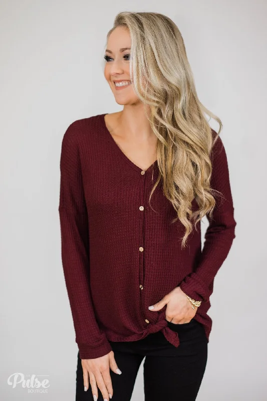 End-Of-Season Clearance Thermal Button Knot Top- Burgundy