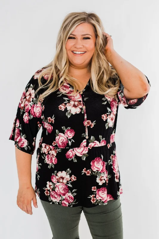 Exclusive Discounts Available Now The Way To My Heart Floral Button Top- Black