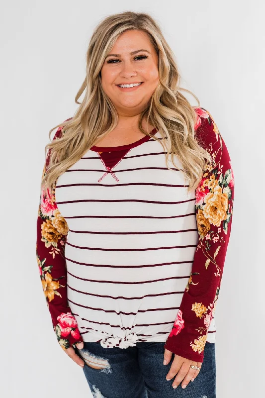 Day-To-Night Styles The Perfect Day Striped Floral Top- Burgundy & Ivory