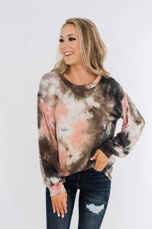 Shop Sale Items Love On My Mind Tie Dye Pullover Top- Charcoal & Coral