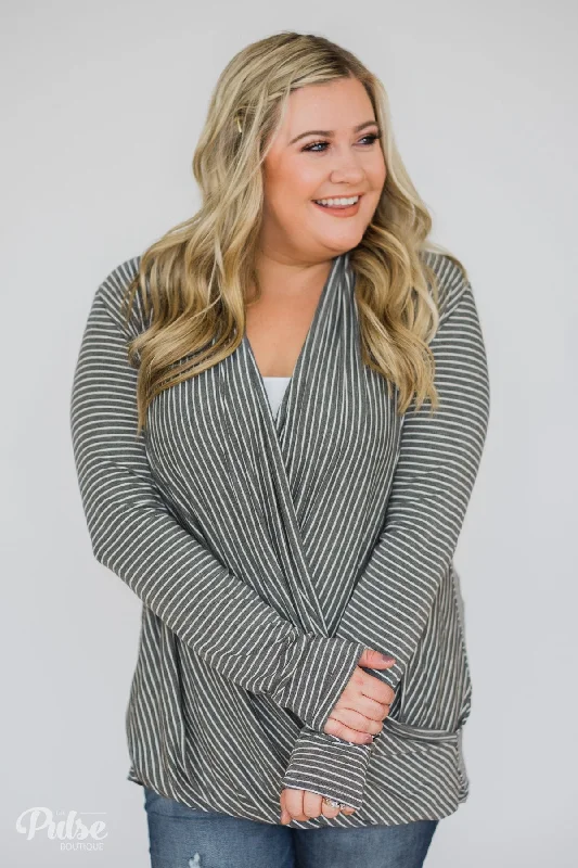 Hot Trends Wrap It Up Long Sleeve Striped Top- Charcoal Grey
