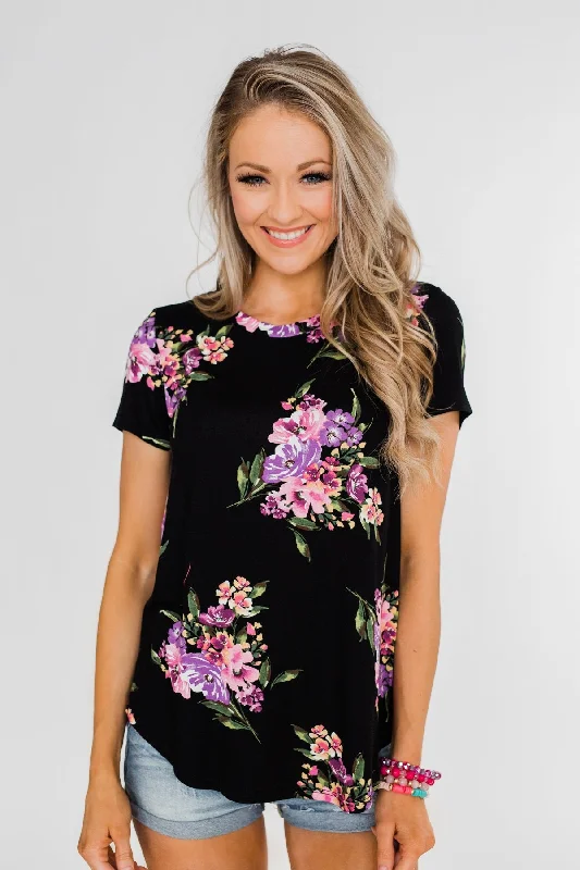 Upgrade Your Wardrobe For Less Midnight Blossoms Short Sleeve Floral Top- Black