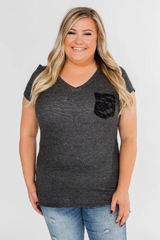 Huge Price Cut Torn Up in Lace Pocket Top- Black & Charcoal