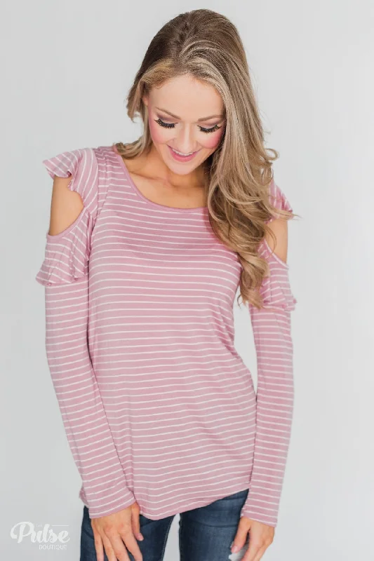 Cozy Chic Promotions Striped Cold Shoulder Ruffle Top- Dusty Pink