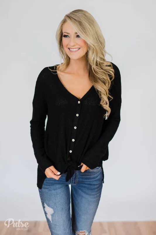 Exclusive Designer Style Deals Back to You Thermal Button Top- Black