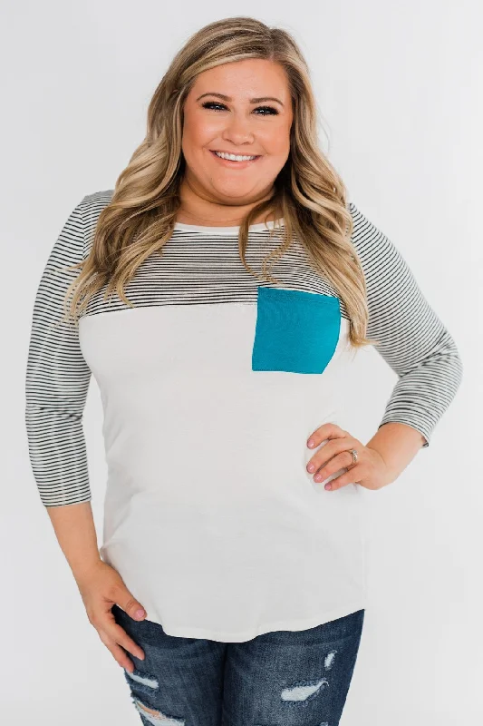 Big Savings On Trendy Styles Striped 3/4 Sleeve Pocket Top- Teal