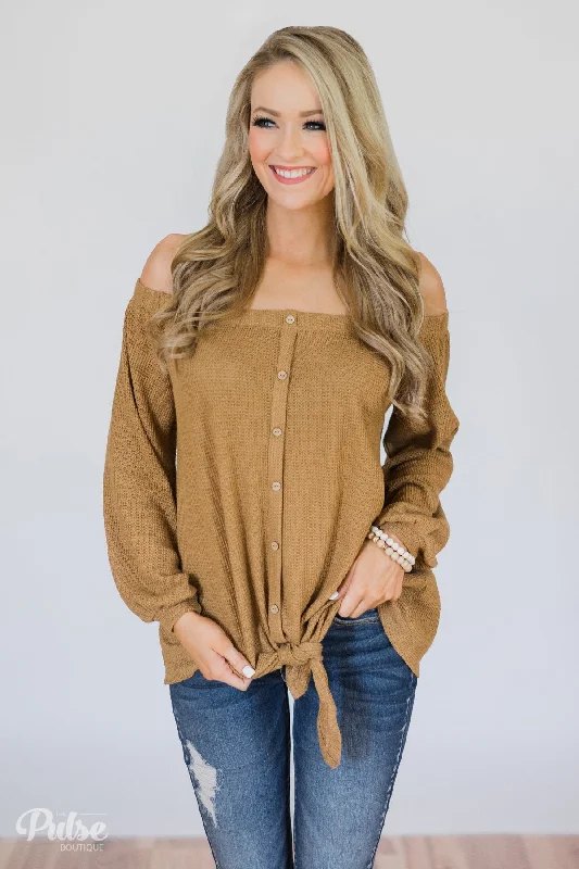 Shop Smarter With These Special Offers Thermal Off the Shoulder Button Top- Mustard
