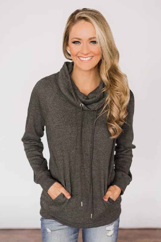 Chic And Edgy Solid Charcoal Cowl Neck Top