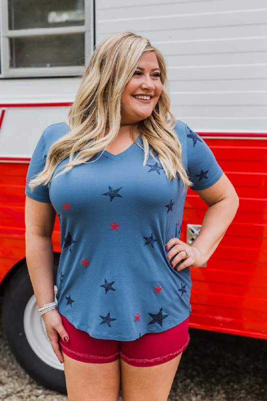 Winter Warehouse Sale Let Freedom Ring Star V-Neck Top- Light Navy