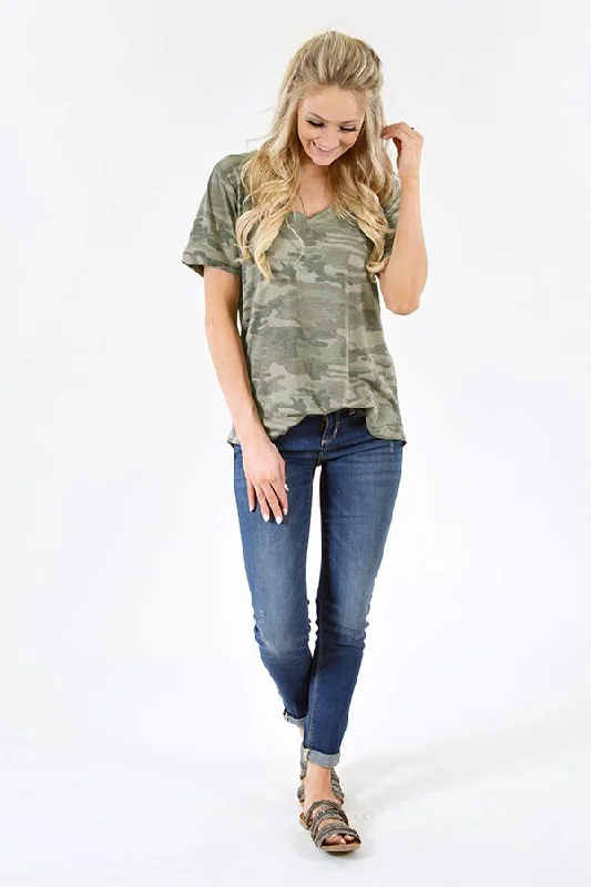 Grab The Hottest Deals Before They Disappear Basic Camo V-Neck Top