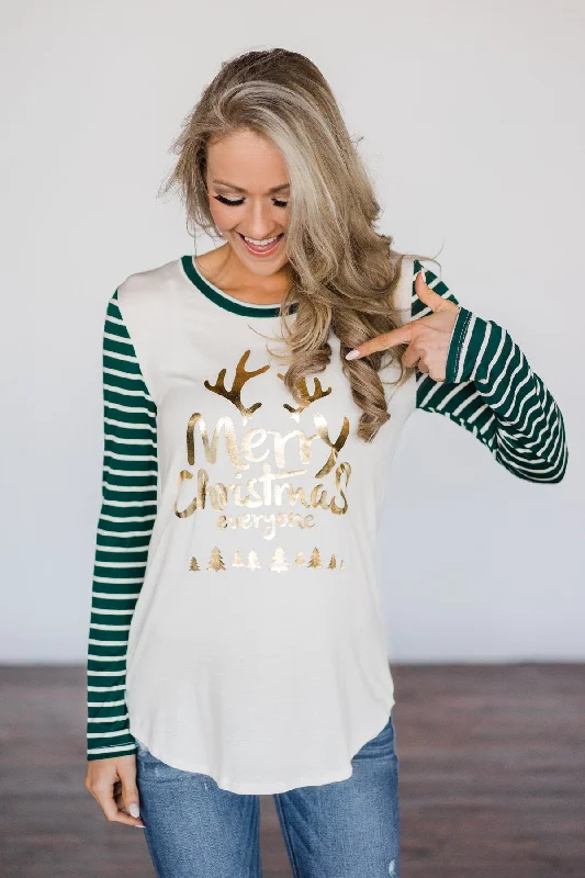Premium Style "Merry Christmas Everyone" Teal Striped Top