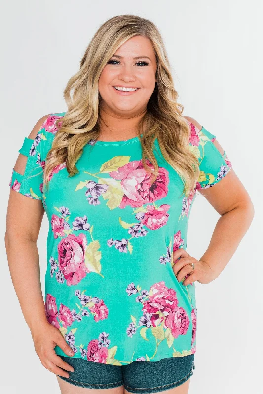 Fashion Deal Under The Sun Cold Shoulder Floral Top- Light Teal
