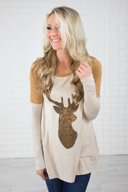 Trendy Looks, Wallet-Friendly Prices Oatmeal & Suede Deer Sequin Top