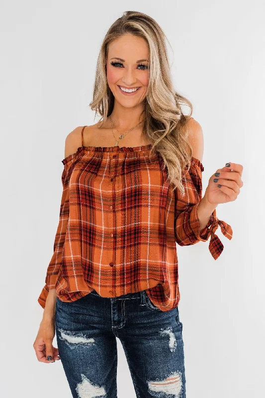 Romantic Chic Deals Give You My Best Shot Plaid Top- Rust & Burnt Orange