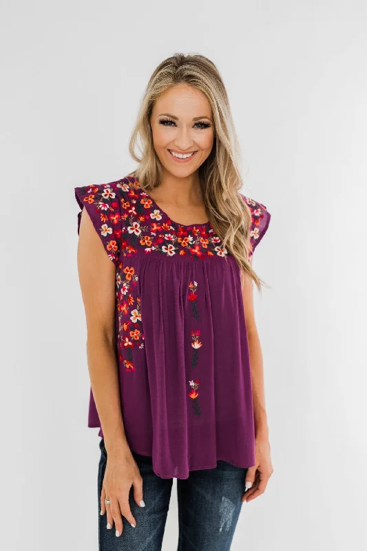 Exclusive Sale Tell Me You Love Me Embroidered Floral Top- Magenta